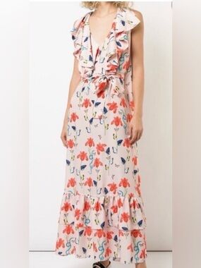 BORGO DE NOR Women's Pink Butterfly Print Ruffle Maxi Dress Size 12